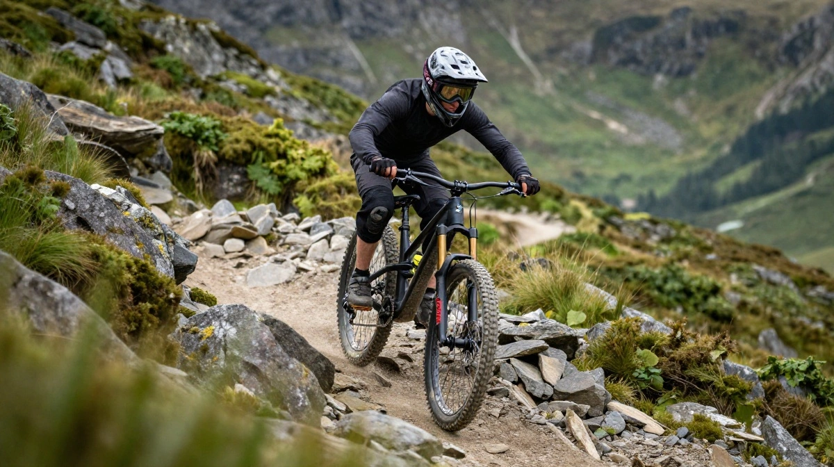 Oscar Griffiths young British downhill mountain bike rider competing on a steep rocky trail in the UK