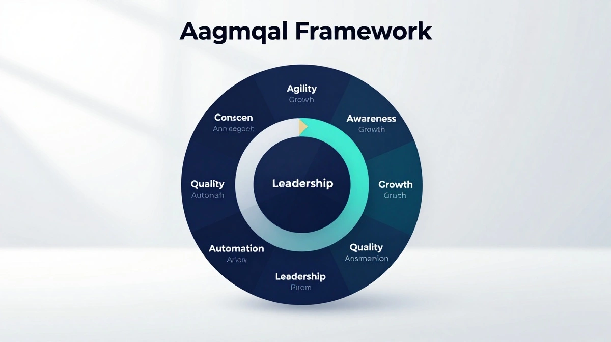 Aagmqal framework illustration showing seven pillars of agility, awareness, growth, management, quality, automation, and leadership
