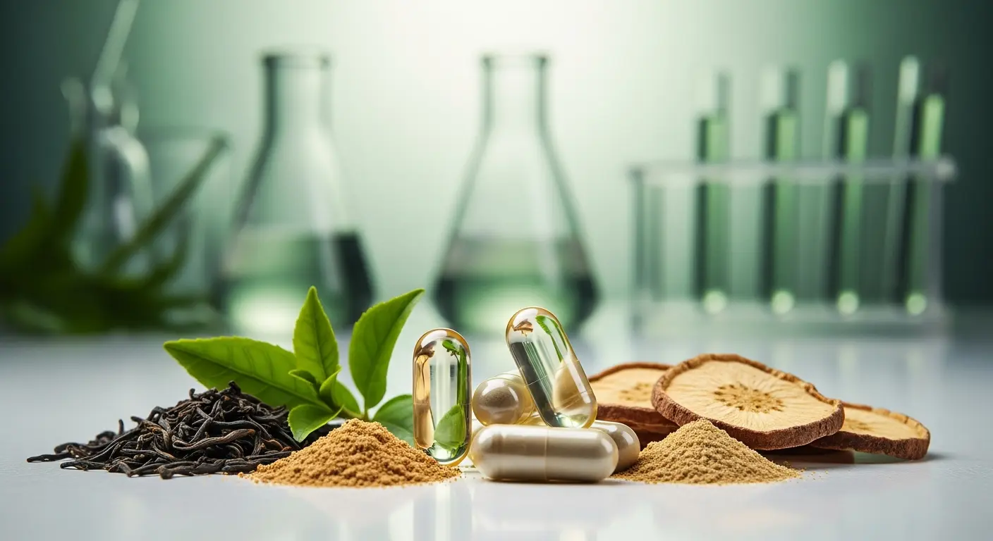 Ingredients in Vullkozvelex safe to use shown through natural capsules, herbal extracts, and a lab safety checklist background