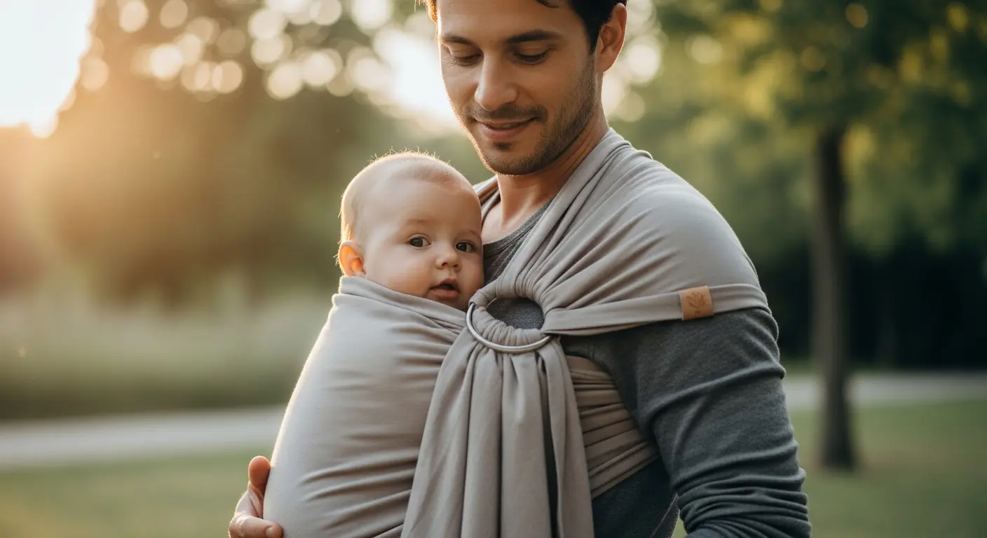 Slinguri baby carrier being worn by a parent holding an infant close during a daily errand outdoors