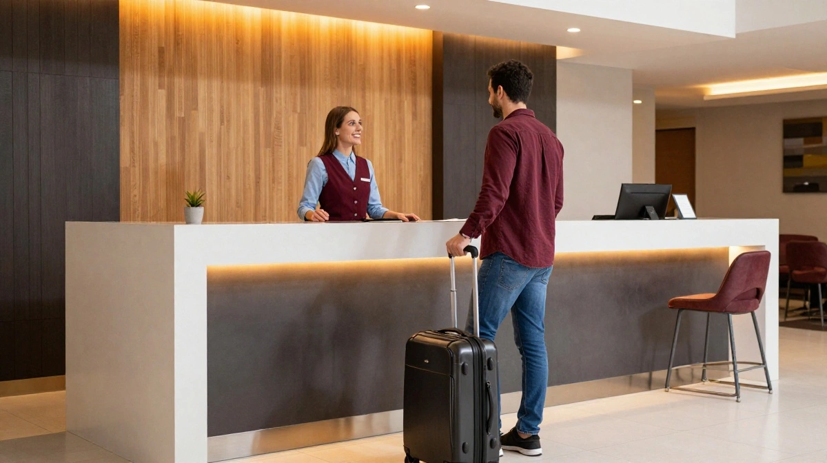 Travel tweaks hotels tips illustrated by a traveler checking in at a bright, modern hotel front desk with luggage